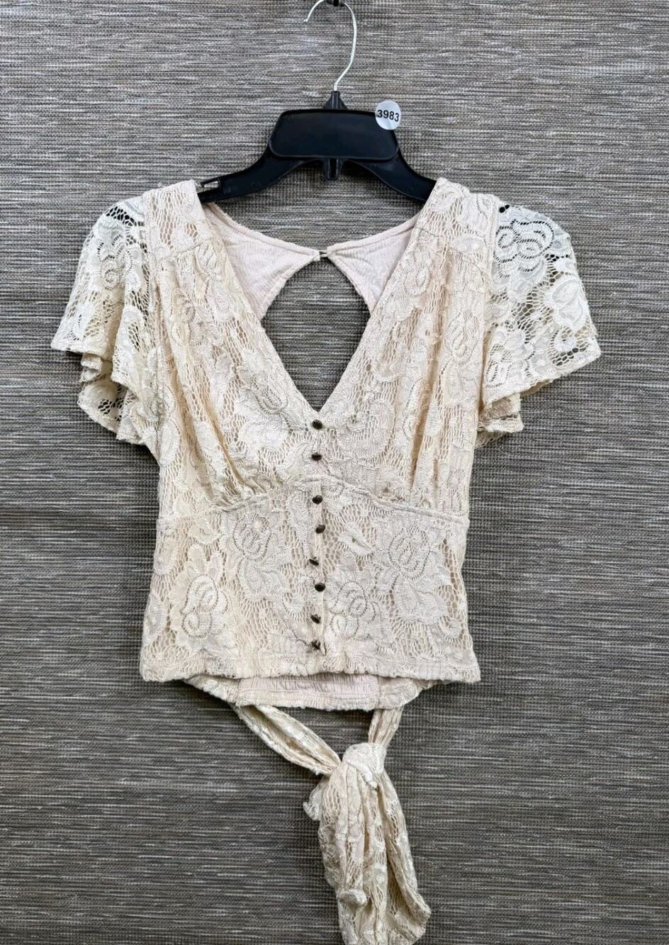 OB By Anthropologie V-Neck Flutter Hem Tie Top Womens Size Small Light Sand